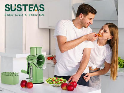 Rotary cheese grater with handle, 5 blades and powerful suction cup base.