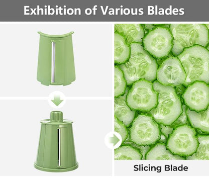 Rotary cheese grater with handle, 5 blades and powerful suction cup base.