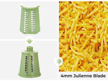 Rotary cheese grater with handle, 5 blades and powerful suction cup base.