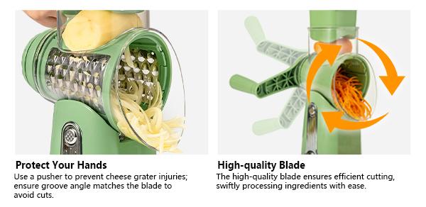 Rotary cheese grater with handle, 5 blades and powerful suction cup base.