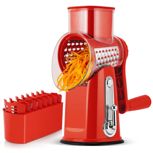 Rotary cheese grater with handle, 5 blades and powerful suction cup base.