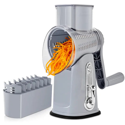 Rotary cheese grater with handle, 5 blades and powerful suction cup base.