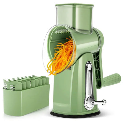 Rotary cheese grater with handle, 5 blades and powerful suction cup base.