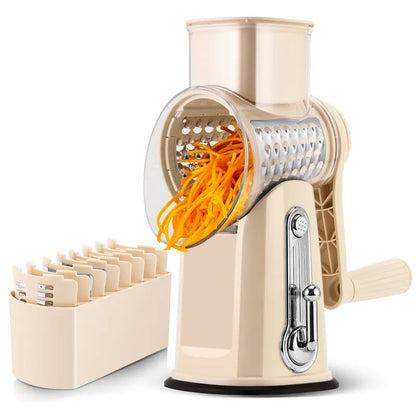Rotary cheese grater with handle, 5 blades and powerful suction cup base.