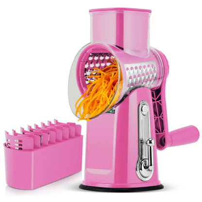 Rotary cheese grater with handle, 5 blades and powerful suction cup base.