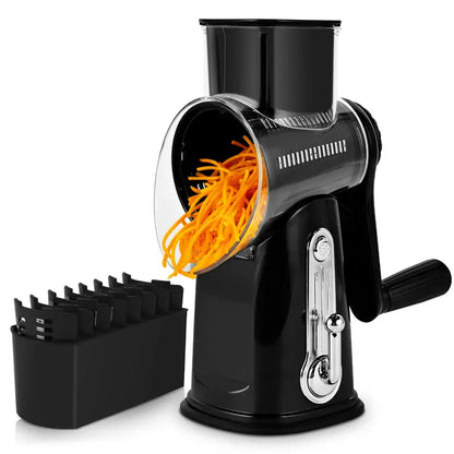 Rotary cheese grater with handle, 5 blades and powerful suction cup base.