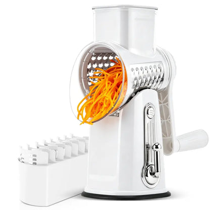 Rotary cheese grater with handle, 5 blades and powerful suction cup base.