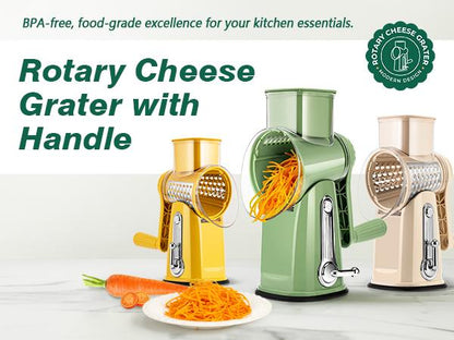 Rotary cheese grater with handle, 5 blades and powerful suction cup base.