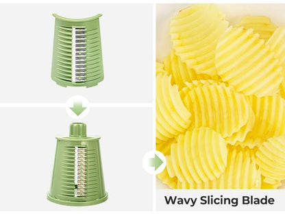 Rotary cheese grater with handle, 5 blades and powerful suction cup base.